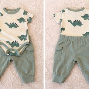 Baby Essentials Dino Outfit Set 0-3M 🦕 Green Neutral 2-Piece Set
